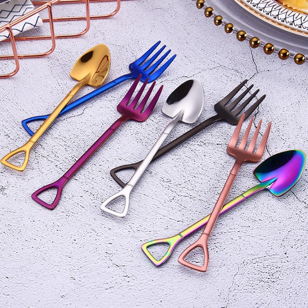 Colorful Metal Spoons Forks Stainless Steel Small Shovel Ice Cream Spoon Fork Tableware Coffee Stirring Spoon Kitchen Accessory