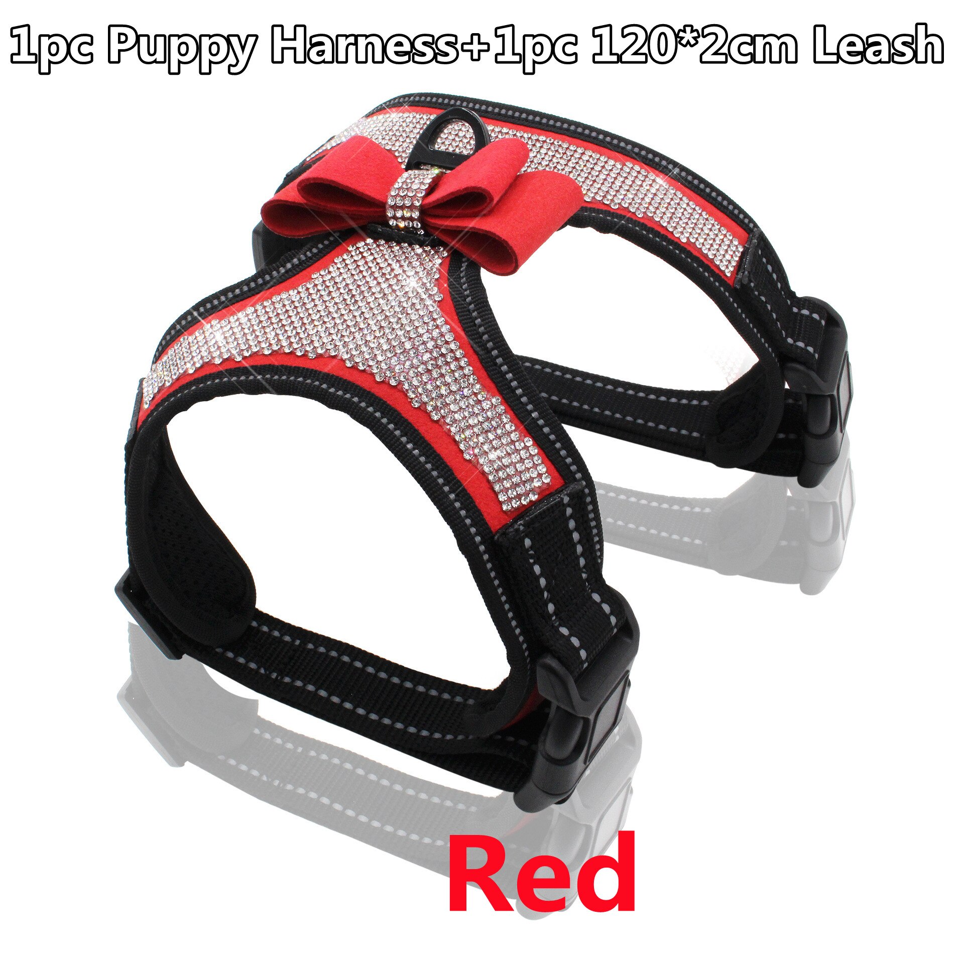 Cloth Dog Leash & Harness Set with Bling Rhinestone Adjustable Puppy Bow Harness 120*2cm Traction Rope Jogging/Walking Tools: Harness-Leash Red / XL