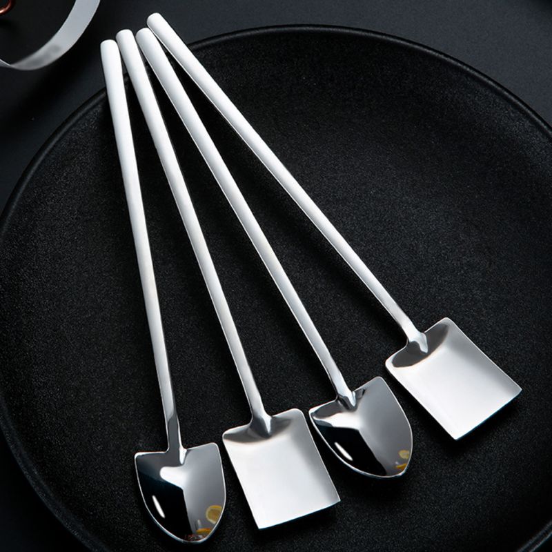 304 Stainless steel Dinnerware Set Retro Industrial Flat Tip Shovel Dessert Long Handle Stirring Ice Spoon Bar Tools