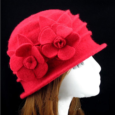 2018 nuove donne fedora 100% cappelli invernali a cupola in pura lana per donna floreale casuale marca calda signora autunno floscio morbido ragazze fedora: rosso