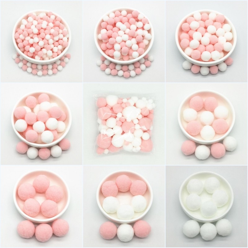 Ljusrosa vit pompom päls hantverk gör-det-själv mjuka pom poms hantverk pomponer boll bröllop dekor lim på tyg tillbehör 8mm to 30mm 20g
