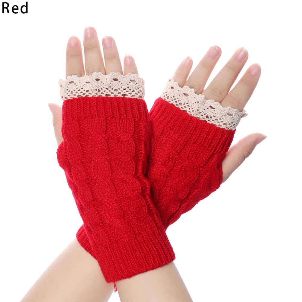 Lange fingerløse strikkede handsker kvinder vinter uldne bløde varme vanter piger blonder strikke fingerhandsker guantes: Rød