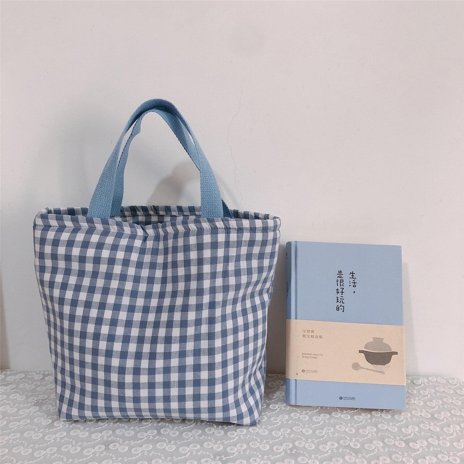 Saco de zíper de frutas almoço de pano portátil tote simples verificação pliad engrossado comida piquenique viagem conveniente almoço sacos para mulher: Blue