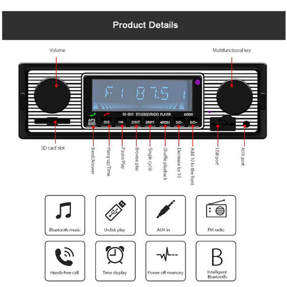 Auto Car Radio 1 DIN Bluetooth-Compatible Stereo Audio Vintage Wireless MP3 Multimedia Player AUX USB FM 12V Stereo Audio Player