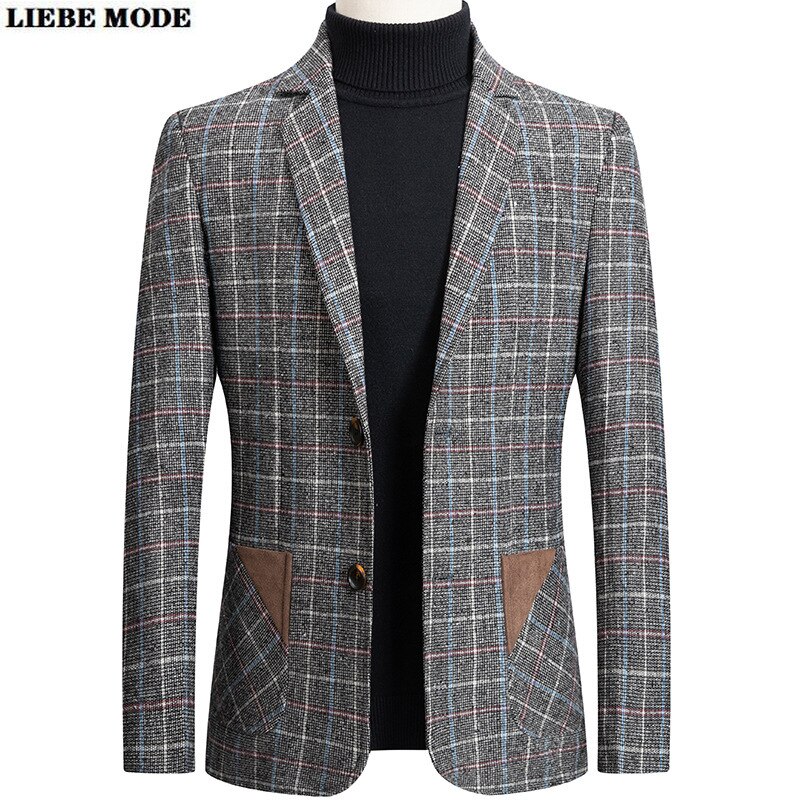 Blazer de estilo británico para hombre, de boda de un solo pecho Chaqueta de vestir, a cuadros, traje ajustado, chaqueta de otoño