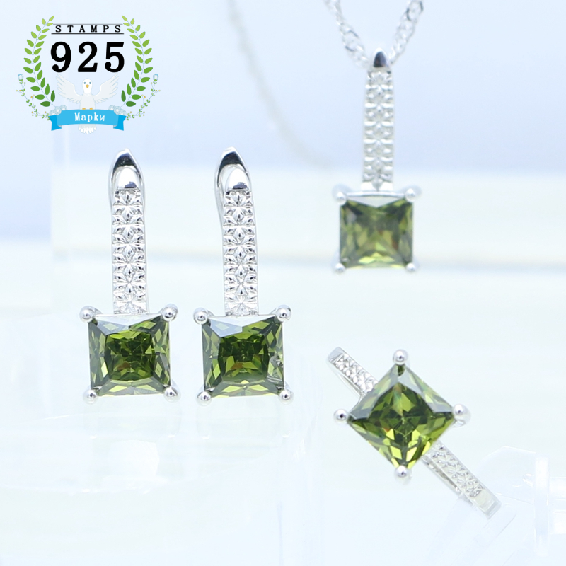 Mujer pendientes anillo colgante collar 925 joyería de plata cuadrado granate piedra roja conjunto de joyas accesorios de boda: Olive Green
