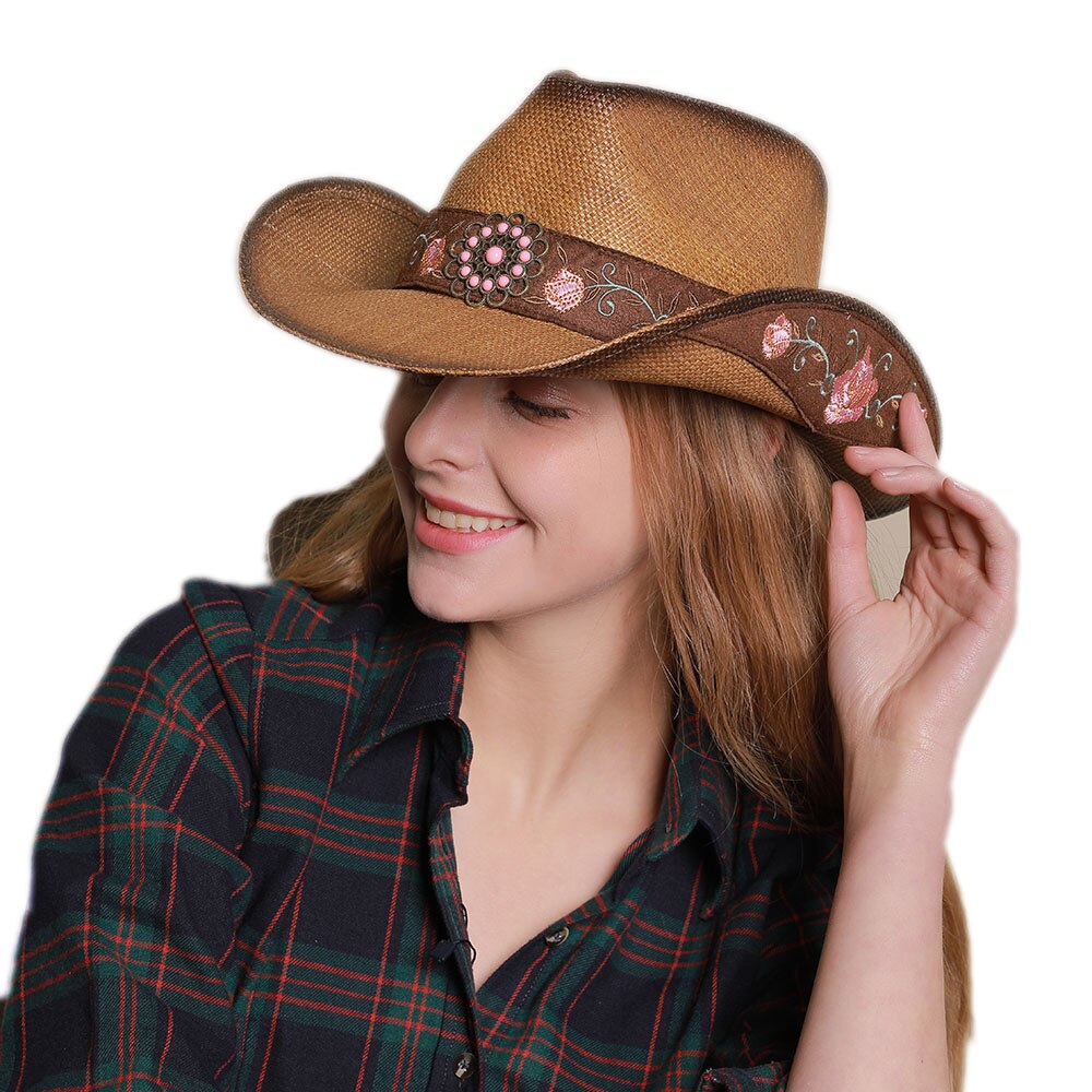 Retro kvinnor män unisex vintage hårt strå bred brätte strand cowboy cowgirl western hatt turkos blomband 58cm