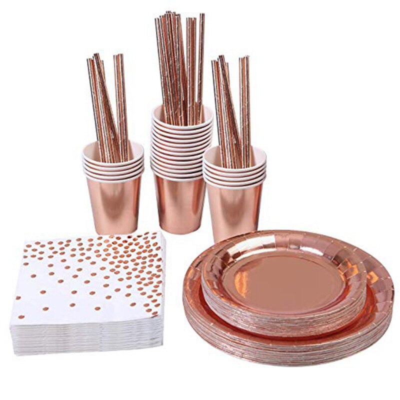 67 stuks hoogwaardige roségouden papierlade, papieren handdoek feestdecoratieset voor verjaardagsfeestjes