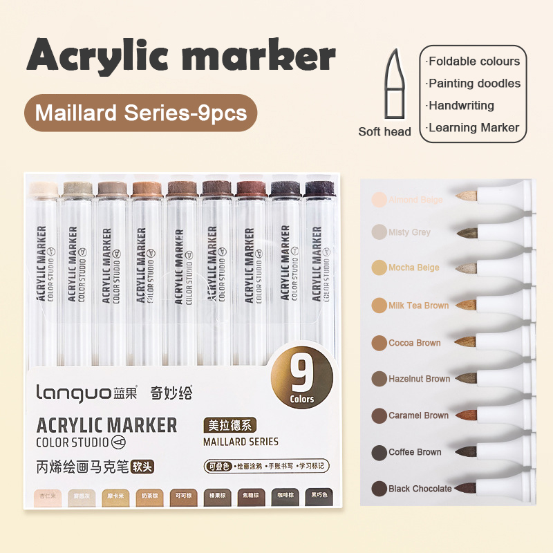 Languo-marcador de pintura acrílica de 9 colores, cabezal Flexible, colores brillantes para garabatos, dibujar, escribir a mano, suministros de arte, papelería: Borgoña