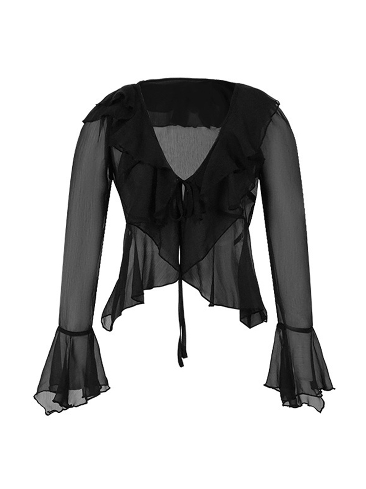 Camisa curta de chiffon elegante feminina, cardigã preto, blusas de manga flare, com renda, casaco feminino fino, férias de praia, moda doce