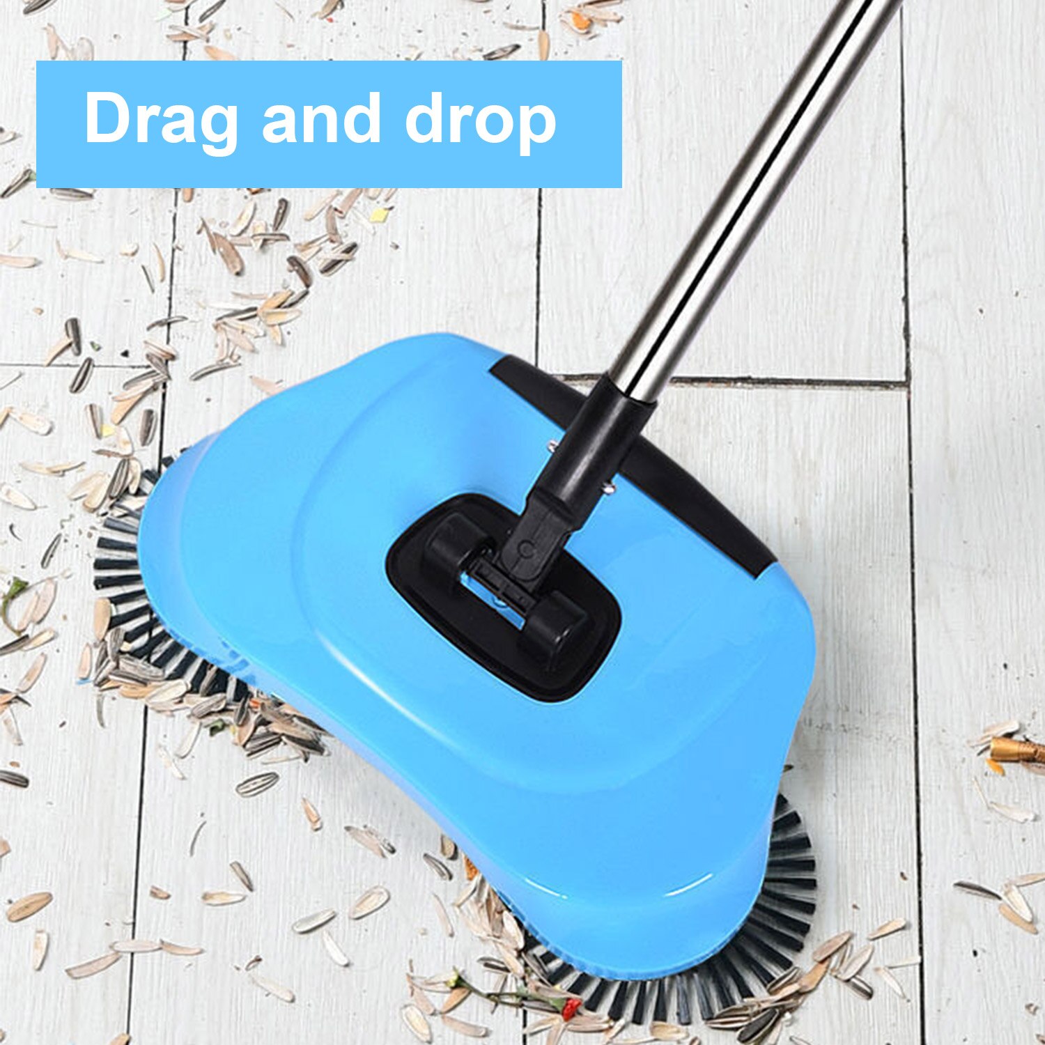 Vacuum Hand Push Soft Broom Dustpan Set Household 2-in-1 Adjustable Mop Brush with Garbage Bin