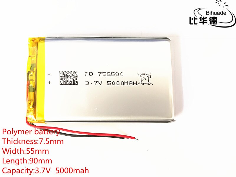 Frete grátis 1 pçs/lote 755590 Li-ion 5000mAh 3.7V DIY Bateria Recarregável de Polímero de Lítio de Backup