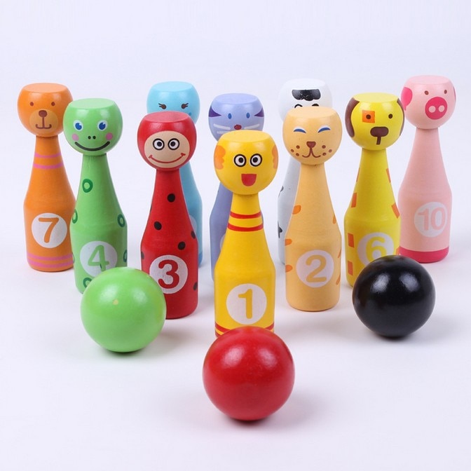 10 stks/partij houten cartoon bowling kinderen puzzel plezier interactieve speelgoed buitensporten ballen