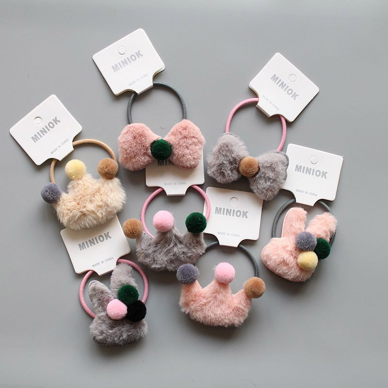 1PC Girl Fluffy Crown Hair Tie Bow Faux Fur Hair Band Girl Crown Hair Accessories Elastics Scrunchie Ponytail Holder