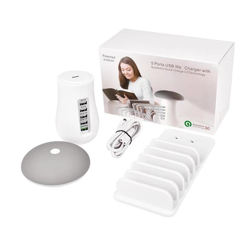 Multiple Ports USB Charger Station Desktop QC3.0 Quick Charging Dock Tablet Mobile Phone Charger Stand With Mushroom Light