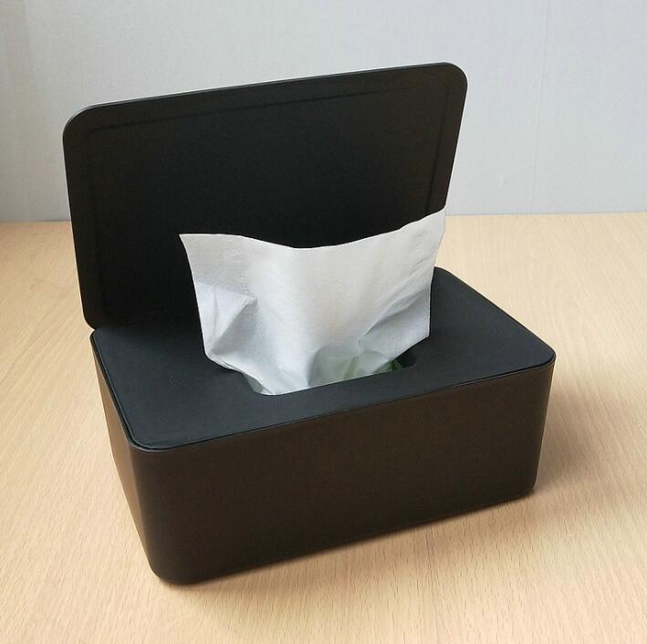 Caja de pañuelos húmedos con sello, caja de almacenamiento de toallitas para bebé, soporte dispensador de papel, caja de pañuelos de plástico para el hogar a prueba de polvo con tapa: Negro