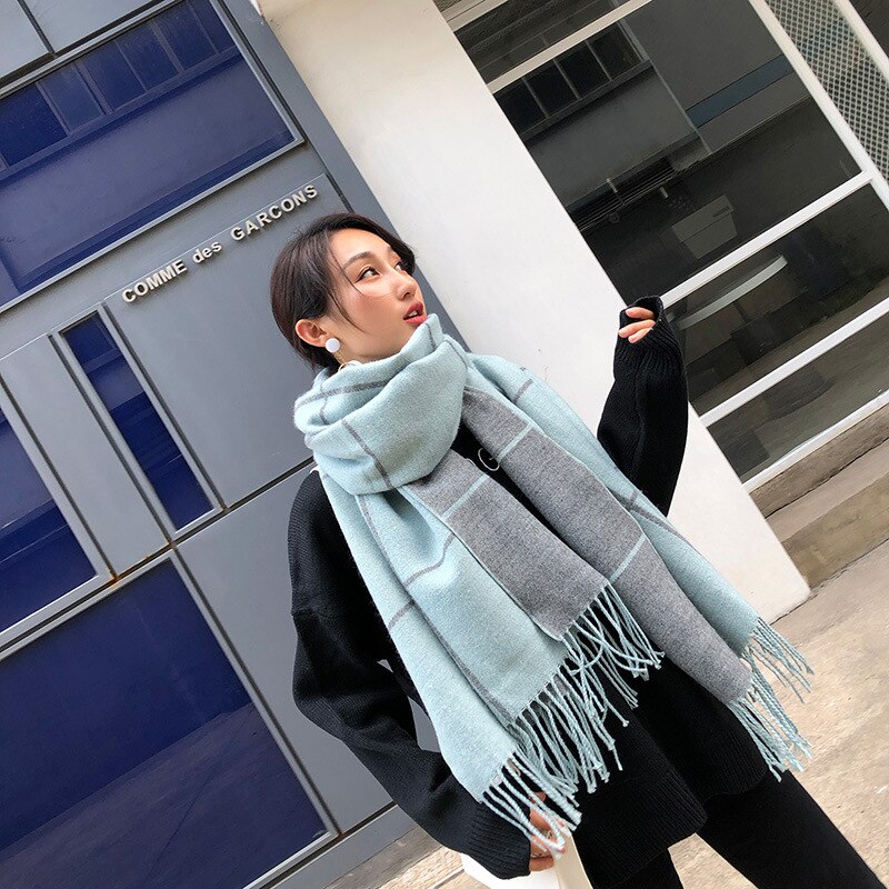 220*70 store størrelse grå plaid tørklæde til kvinder vinter sjal kvindelige pashmina damer tippet tørklæde kæde kvinder vinter tæppe tørklæder: Himmelblå