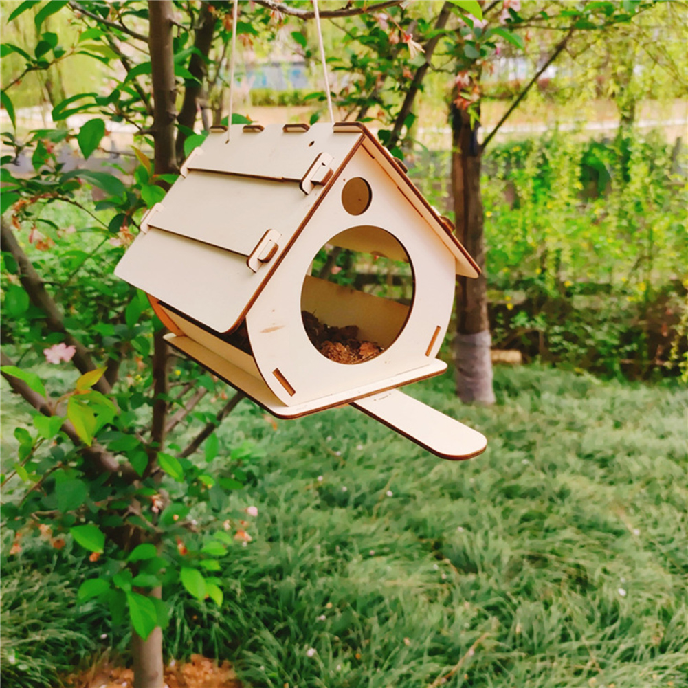 DIY Assembled Hanging Wooden Bird Feeder Garden Wooden Birdhouse Outdoor Bird Cage Feeder Pendant Bird House Food Water Feed