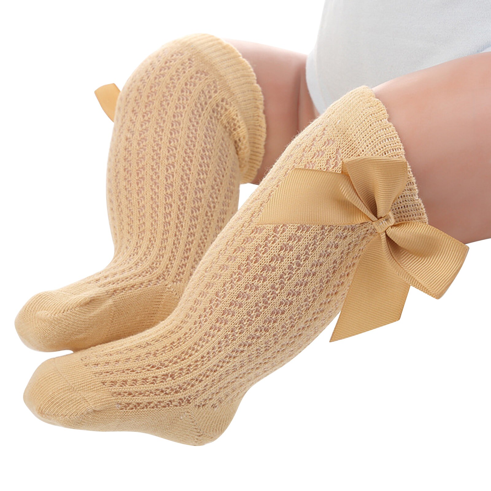 Calcetines de decoración con lazo grande para niñas, medias hasta la rodilla, holgadas, de estilo fino, vestido de princesa, accesorios de disfraces de bautizo: Yellow / M
