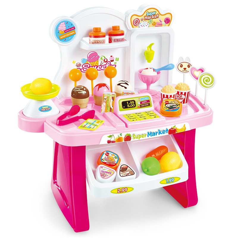 Di plastica Supermercato Registratore di cassa Giocattolo in Miniatura Giochi Di Imitazione Casa Giocattoli 34 pz shopping Brinquedo Cassiere Scrivania POS giocattolo impostato per Il K