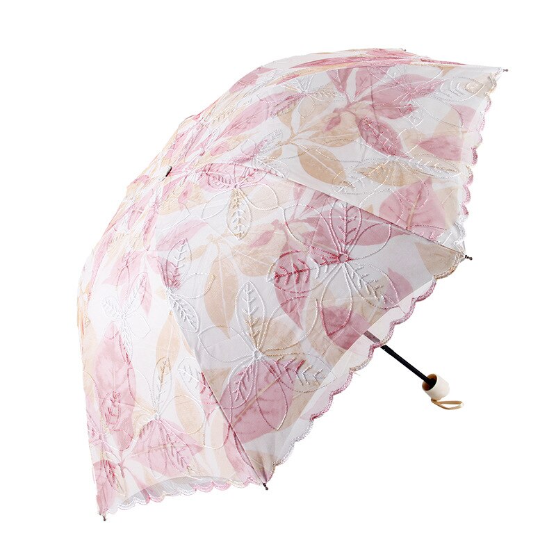 Borduurwerk Blad Dubbele Lagen Zonnescherm Voor Vrouwen Draagbare Zwarte Coating Uv Paraplu Prachtige Parasol Rose Handvat