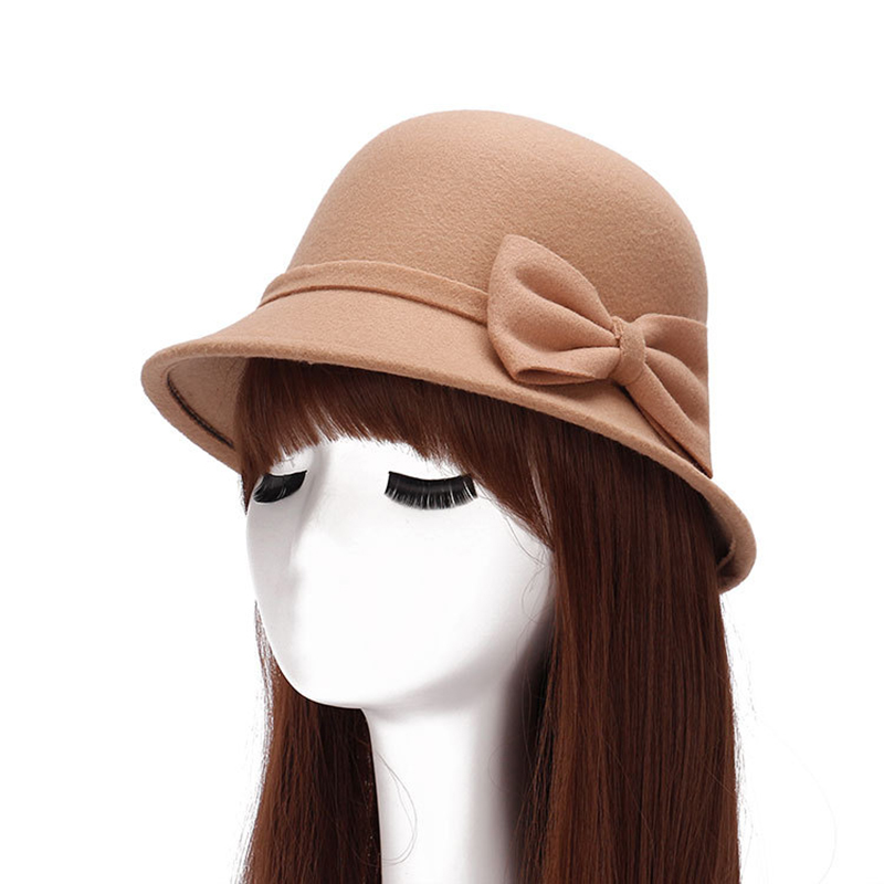 Herbst Winter Frauen Hütte Solide Wolle Filz Kuppel Fedoras Hüte Jahrgang Bogen Eimer Hütte Damen Kappe chapeau femme шляпа: Kamel