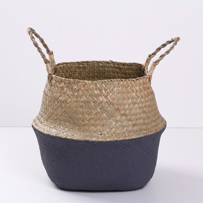 Handmade Woven Storage Basket Folding Clthoes Laundry Basket Straw Wicker Rattan Seagrass Belly Garden Flower Pot Plant Basket: Black / S   13 cm x 12 cm