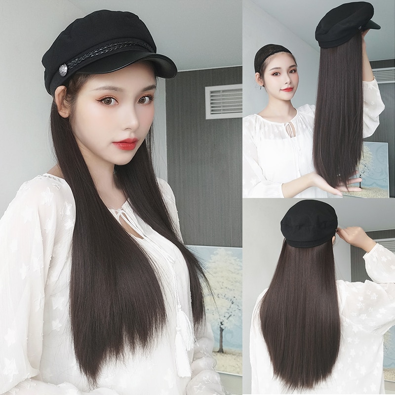 MUMUPI-Peluca de sombrero extensible para mujer, gorro de marinero sintético liso con cabello largo, peluca integrada, extensión de cabello adecuado para
