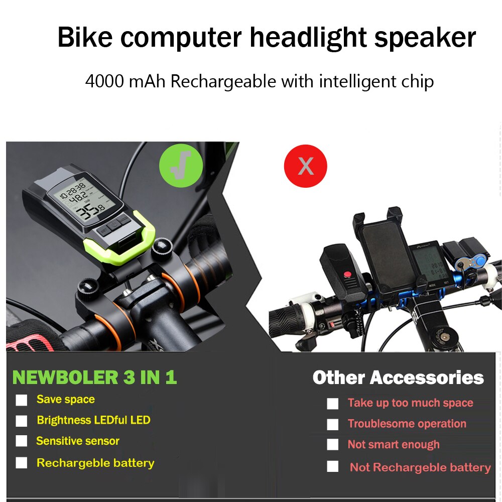 Wireless Bicycle Computer MTB Cycling Bike Odometer Stopwatch Speedometer Integrated 800LM Headlight 120DB Horn Accessories