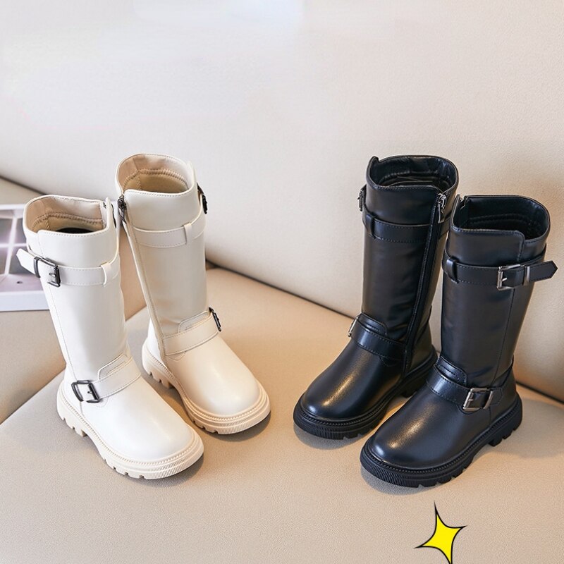 Stivali lunghi da bambina stivali in pelle per bambini per bambini grandi moda chic stivali da moto per bambini pilota autunno inverno fibbie in cotone caldo