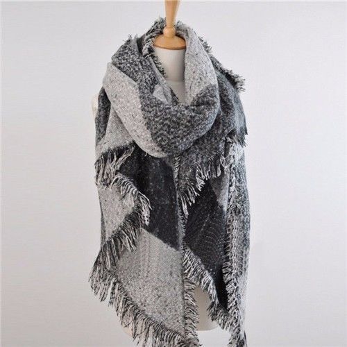 Winter Warm Large Scarves Women's Thick Long Cashmere Winter Wool Blend Soft Plaid Scarf Shawl Wrap Plaid Scarf: Gray