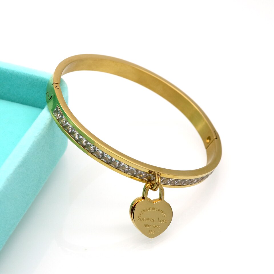 Gorący klasyczny ze stali nierdzewnej złoty kolor bransoletki i Bangles hurtownia biżuterii grzywny podwójne brzoskwiniowe serce bransoletki miłości kobiet: Crystal Heart Gold