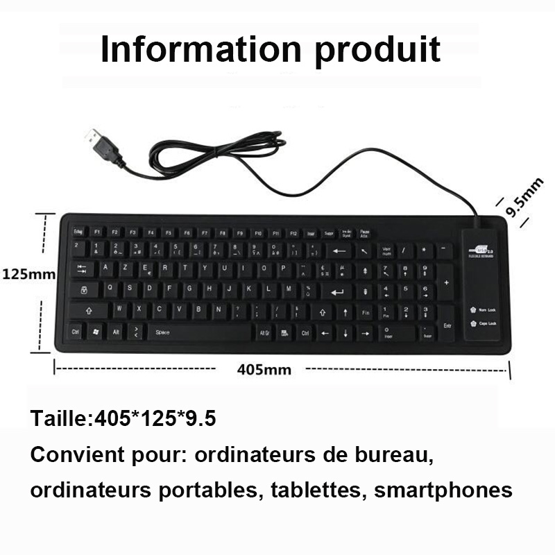 JONSNOW Keyboard French Language 103 Keys Folding Wired Waterproof Soft Silicone Keyboard for Laptop Desktop Tablet Computer