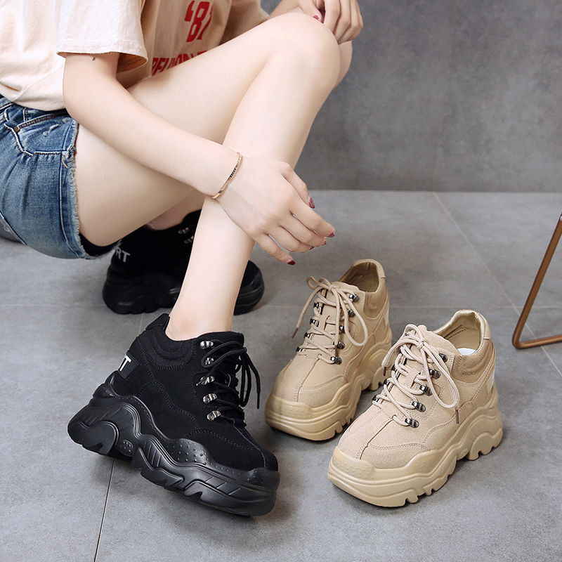 Vår och höst damskor stil fula skor allt-i-ett höga sneakers wedges platåskor 12cm