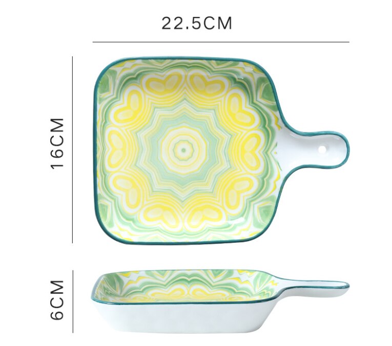 Bohemian Style Single Handle Square Baking Tray Ceramic Plate Household Dishes For Kitchen Utensils: 6