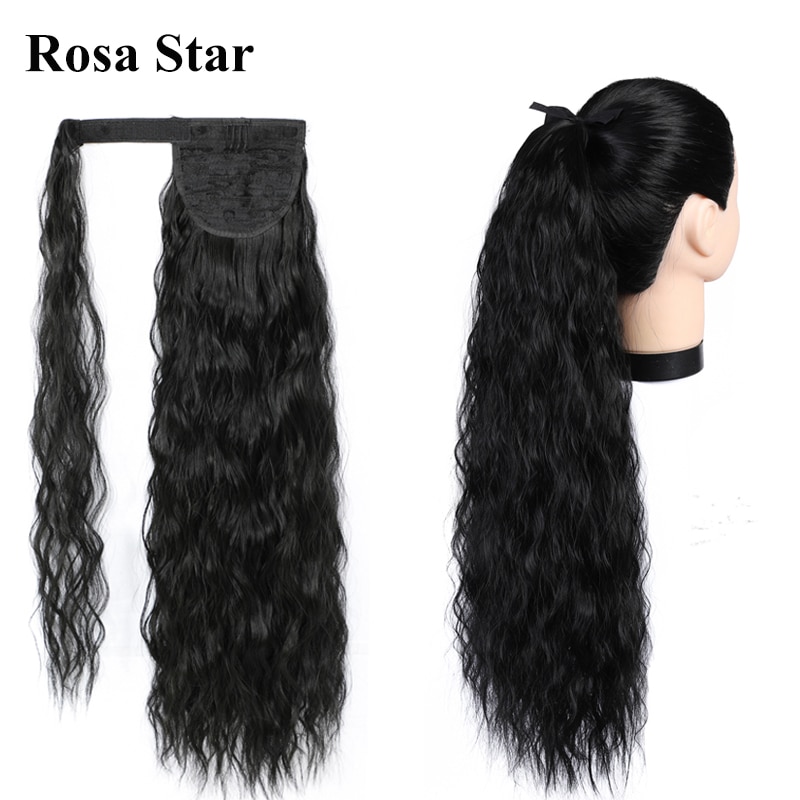 Rosa Ster Lang Krullend Synthetische Paardenstaart Voor Vrouwen Met Synthetische Wrap Around Magic Plakken Maïs Clip In Haarstukje Zwart Nep haar