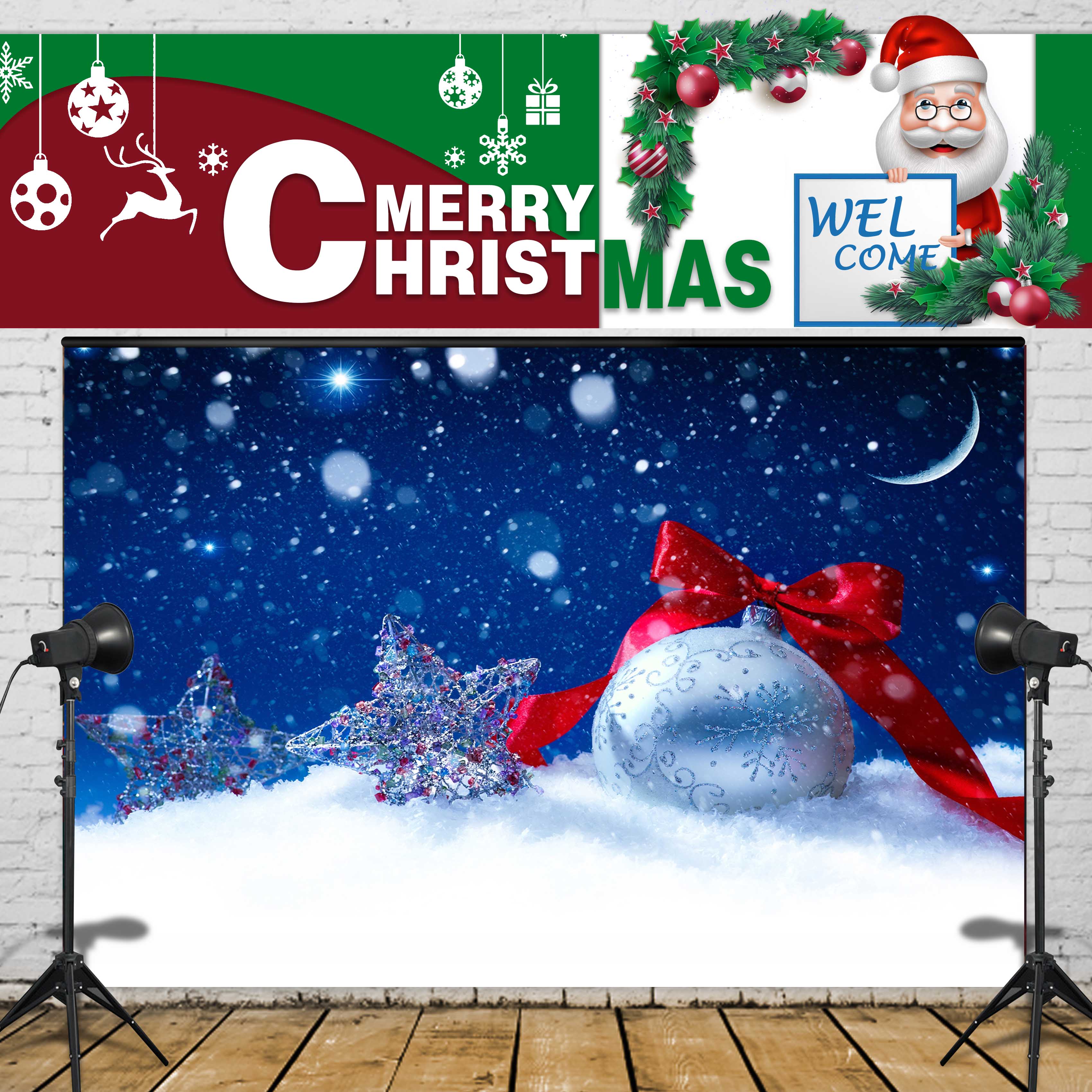 5x3ft Photography Backdrop merry Christmas bells snow white Background Vinly Cloth Wall Decor Baby Birthday Party
