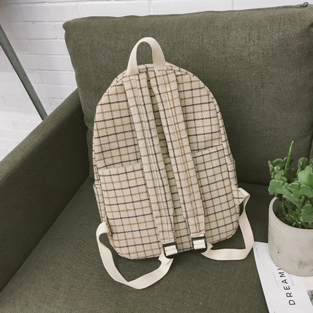 Japanese fresh canvas girl backpack female Korean School schoolbag female student Plaid Backpack