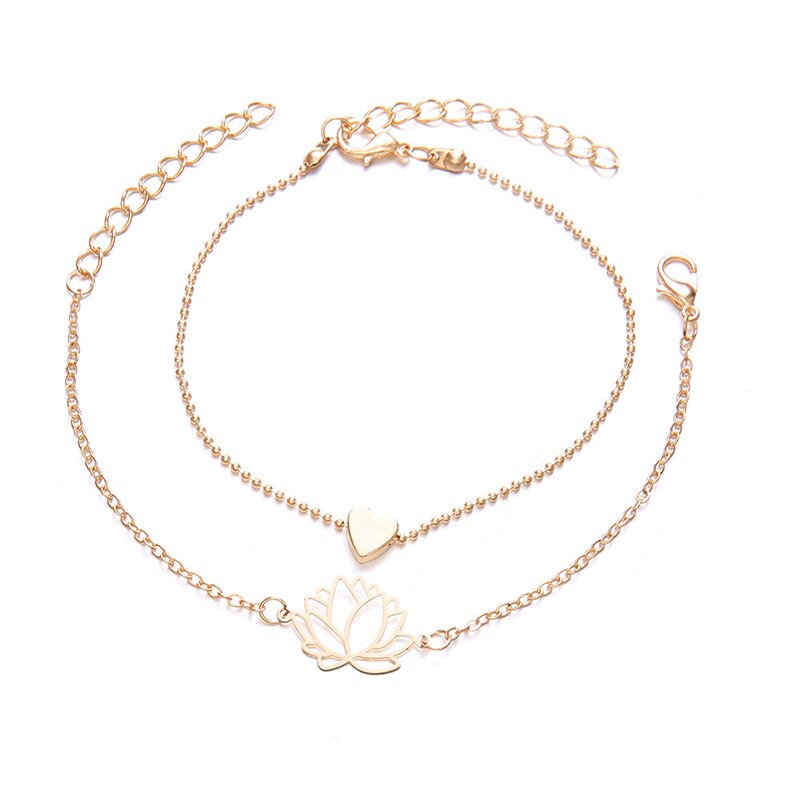 2 unids/set Simple ahueca hacia fuera Lotus pulseras encantadoras mujeres de oro en forma de corazón pulsera de cadena romántico de joyas de