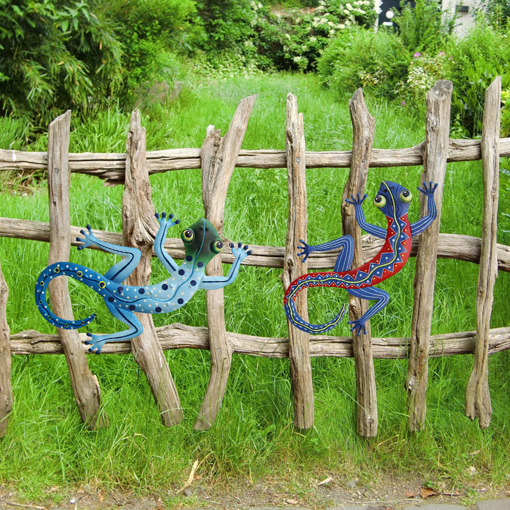 2 stk håndværk væg dekoration hegn hjem statue metal gecko håndlavet kunst firben udendørs skulptur have gård små børn