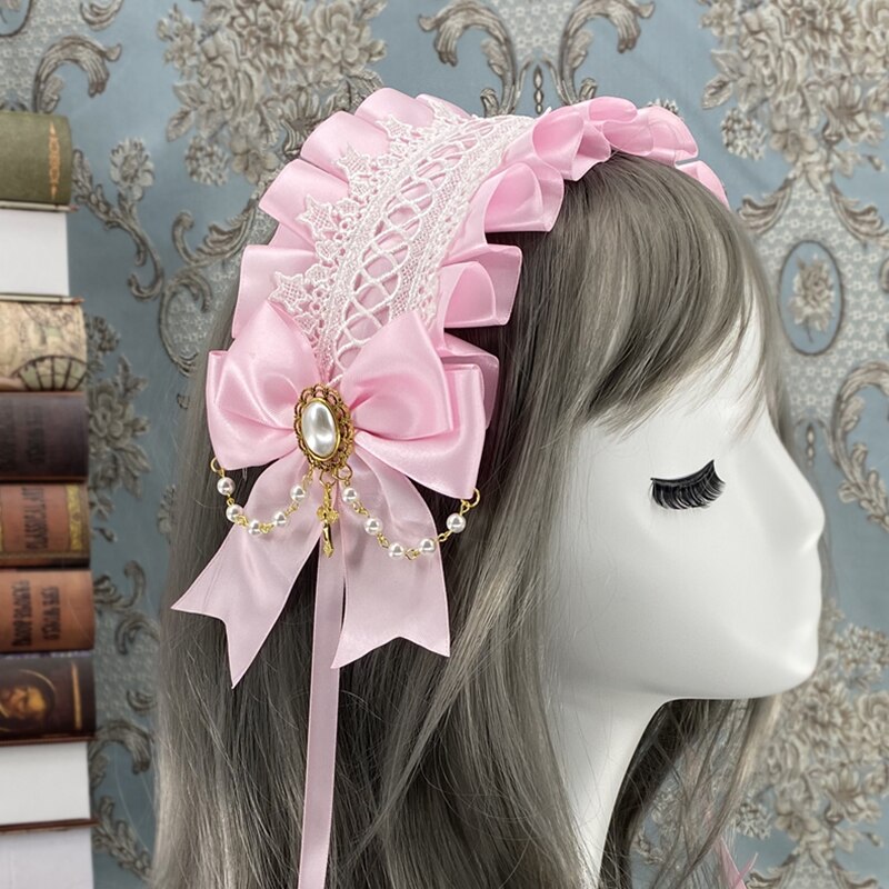 Serre-tête Lolita en dentelle pour femme de chambre, serre-tête en forme de fleur, accessoire pour cheveux, fait à la main: Rose