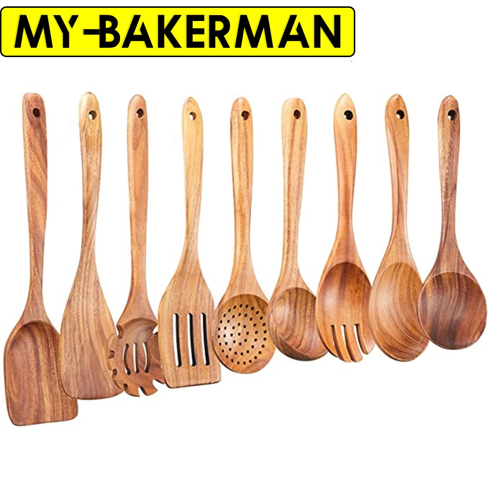 1-9 unids/set juego de utensilios de cocina de madera, cucharas de madera para cocinar, utensilios, cucharas de madera de teca Natural para de sartén antiadherente
