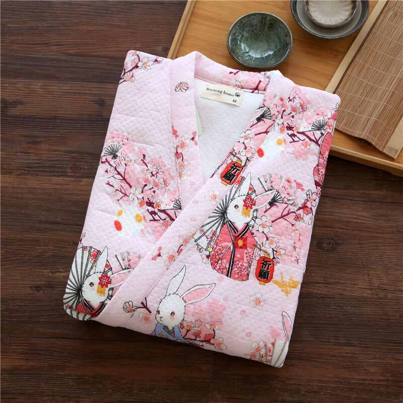 Japanese Yukata Robes Kimono Pajamas Sets Winter Warm Thickening Cotton Bathrobe Pyjamas Loose Style Sleepwear Leisure Lovers