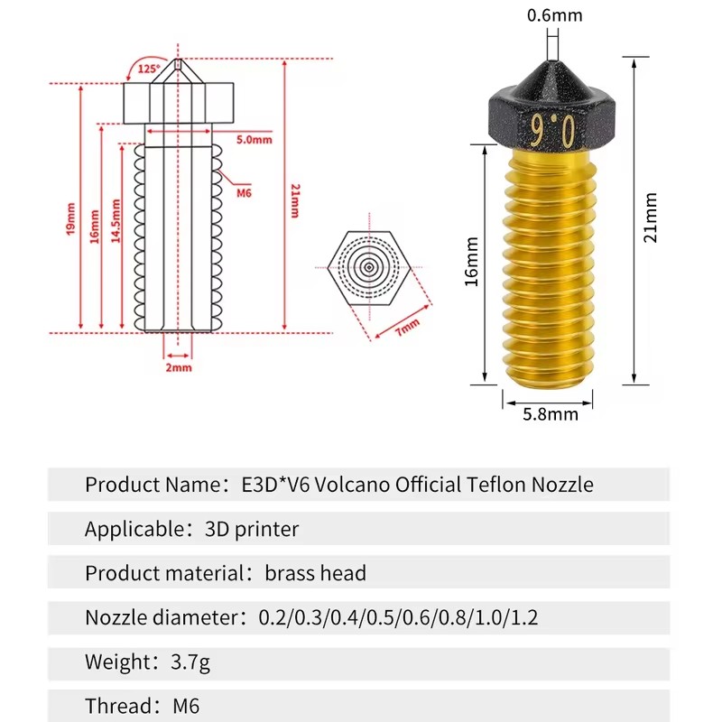 Buse volcanique E3D en acier dur, laiton plaqué PTFE, impression 3D pour artillerie Vyper Sidewinder X1 et X2 Genius Pro Hotend