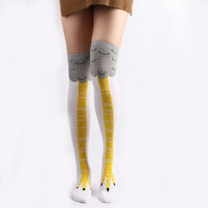Bas à pattes de poulet pour femmes, chaussettes longues, chauffe-jambes, dessin animé drôle, griffe de jambe de poulet en coton, impression 3D, au-dessus du genou: over knee white