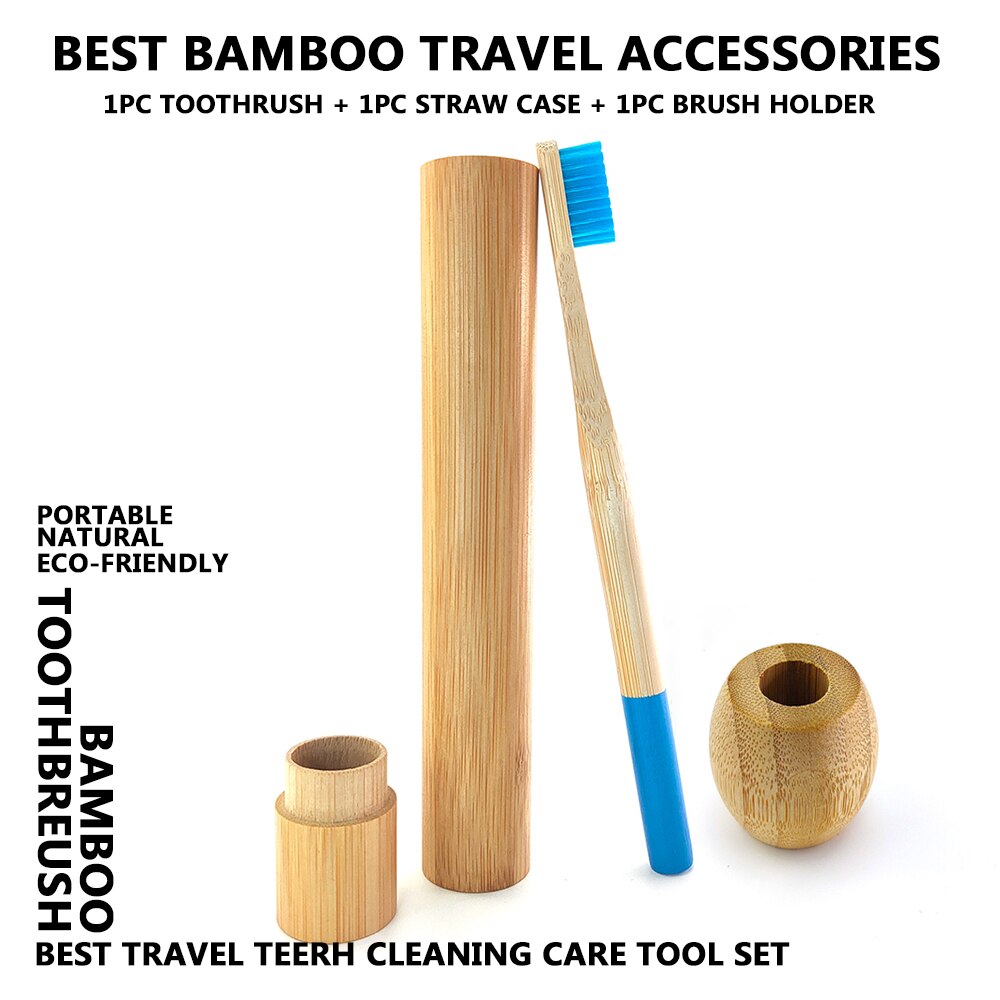 Colorful Column Bamboo Toothbrush Top Flat Portable Travel Set with Bamboo Tube Bamboo Case Natural Wooden Toothbrush Holder: Blue
