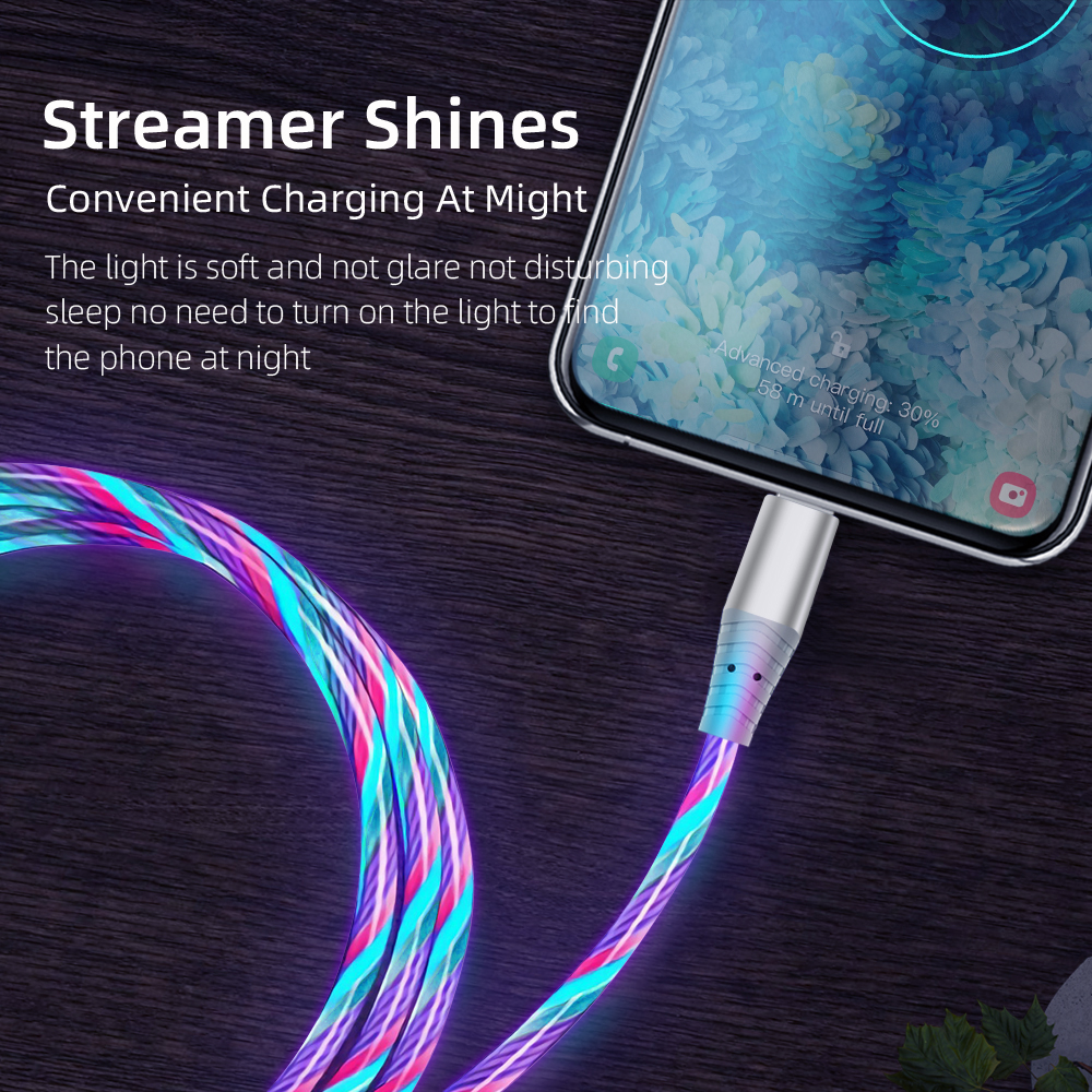 Nnbili 3a lysende opladningskabel led micro usb type c kabel hurtigopladning til huawei xiaomi lysende streamer usb c ledning