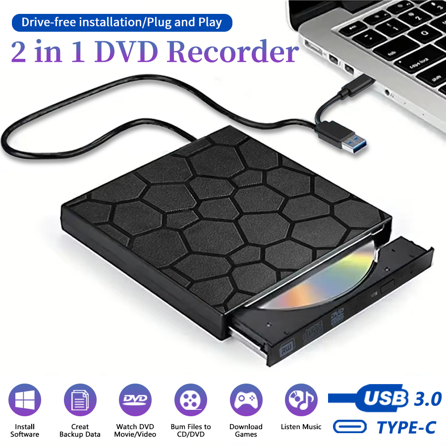 External DVD RW Drive 2 in 1 Interface USB 3.0 Type-C Slim DVD CD Writer Burner Reader Player Optical For Laptops Desktop PCs