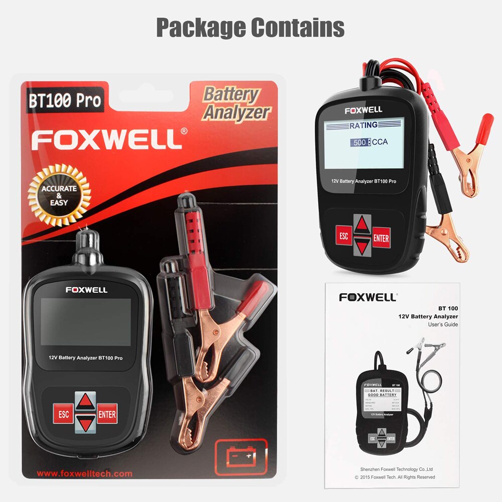 Foxwell BT100 12V Auto Batterij Tester Analyzer 100-1100CCA Automotive Detecteren Gezondheid Fouten Voor Overstroomd Agm Gel Batterij