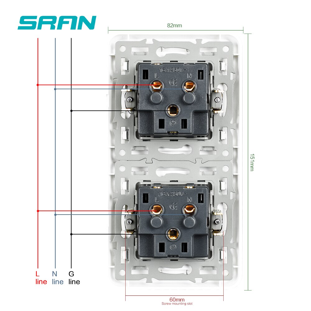 Sran dubbelram eluttag frankrike ,16a 250v vit pc panel 151mm*82mm med järnplatta och järnklo vägguttag eu